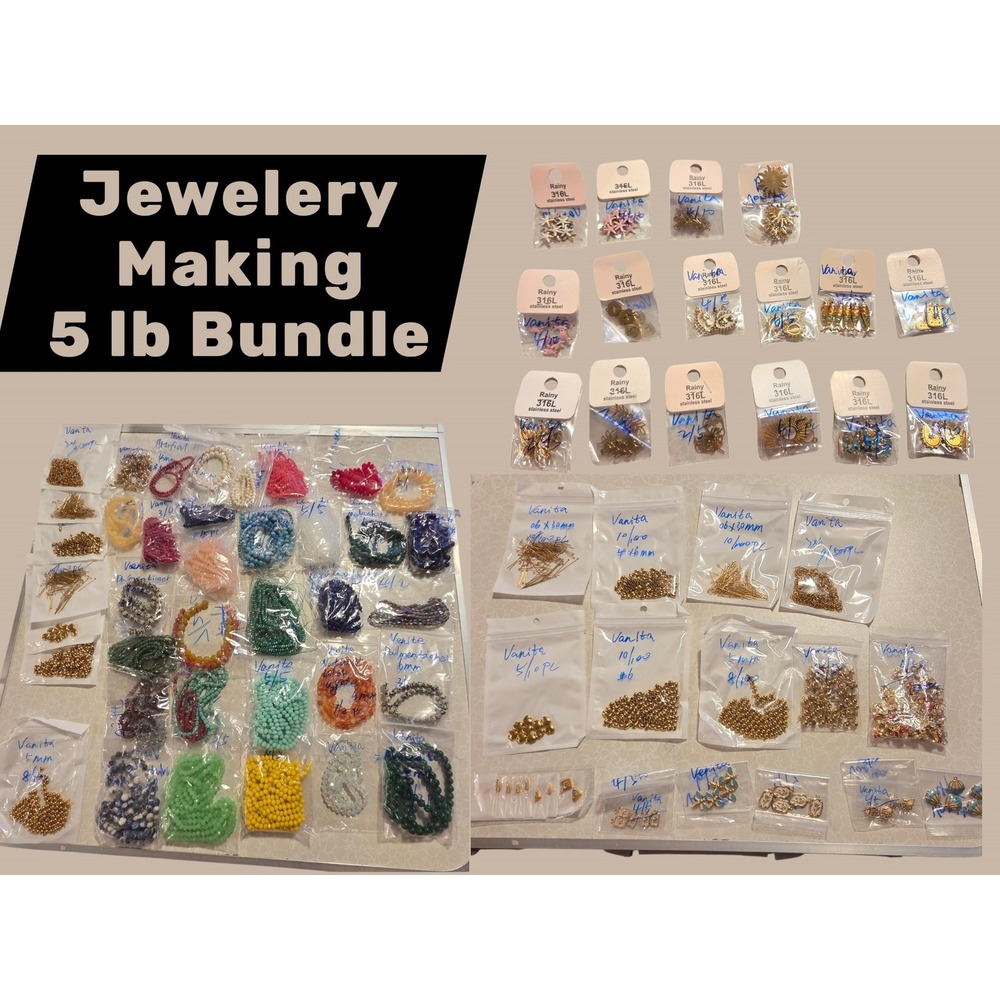 Jewelry Making Supply Bundle 5lb Glass Beads Natural Stone 316L Stainless Steel